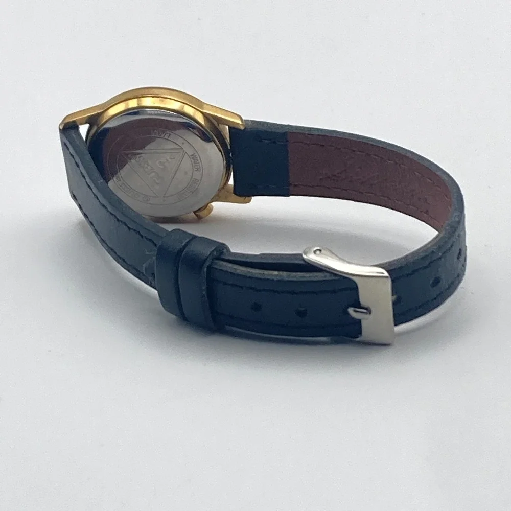 Vintage Guess Womens Watch 25mm Gold Tone Black Logo New Battery 7.75